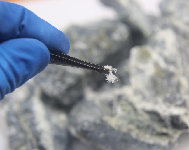 Person holding piece of asbestos with tweezers