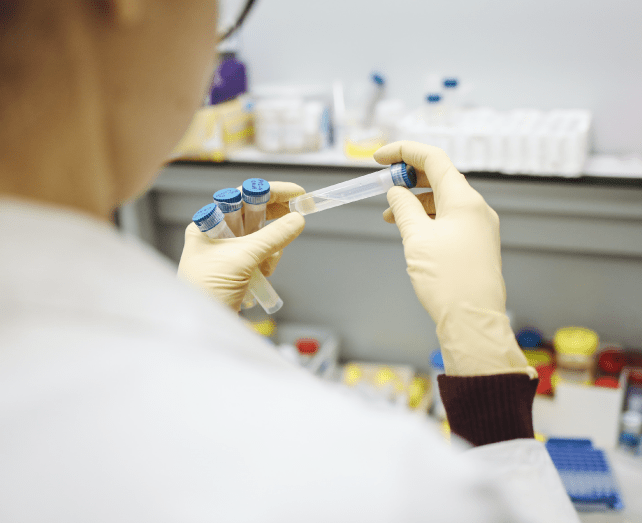 person looking at samples in test tubes