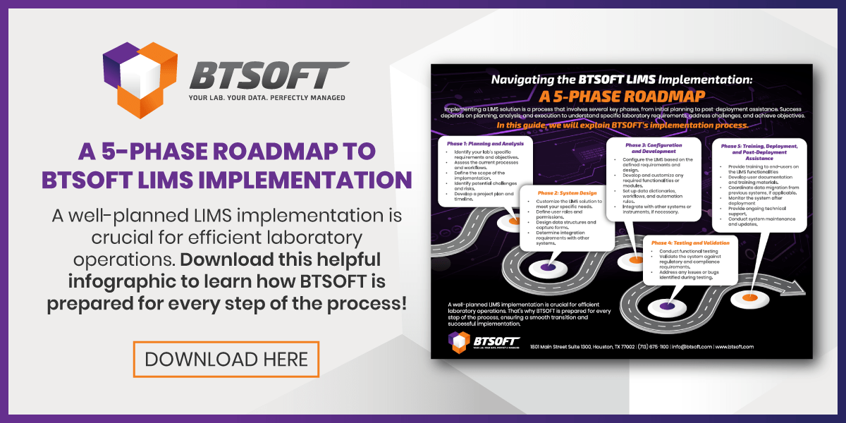 A 5-phase roadmap to BTSOFT LIMS implementation. Download this helpful infographic to learn how BTSOFT is prepared for every step of the process! Button: Download Here