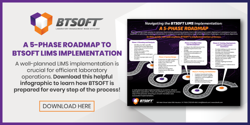 A 5-phase roadmap to BTSOFT implementation. A well-planned LIMS implementation is crucial for efficient laboratory operations. Download this helpful infographic to learn how BTSOFT is prepared for every step of the process! Download Here