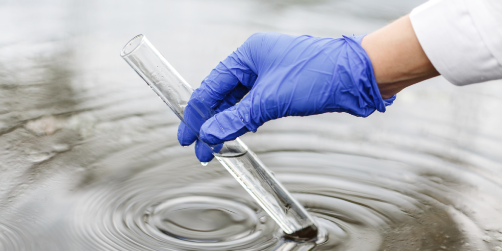 a person's hands with blue latex gloves holding a test tube with water.