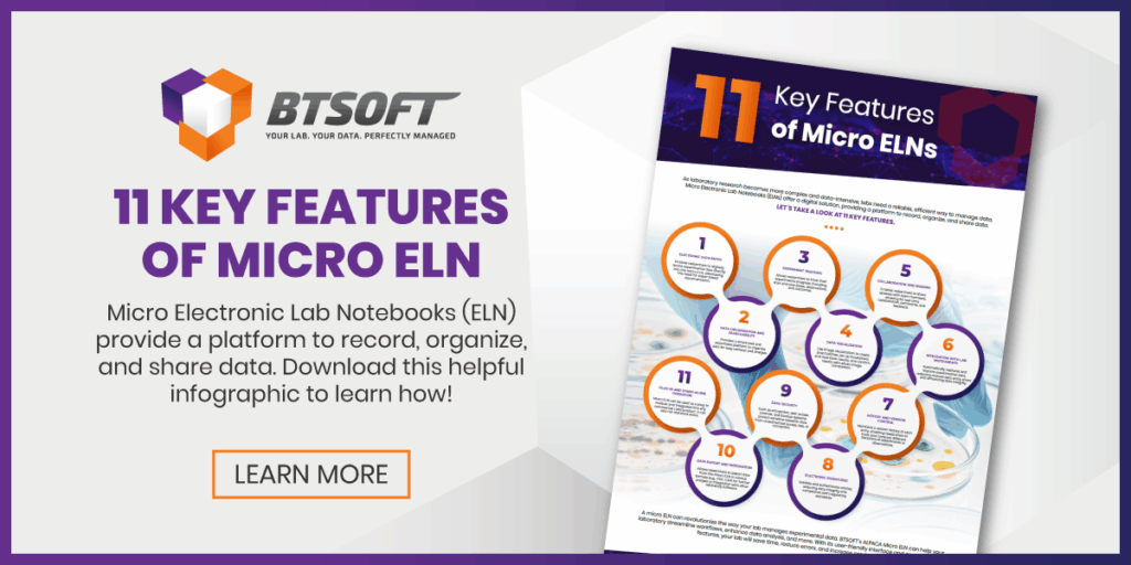 11 key features of micro eln. ELN provides a platform to record, organize, and share data. Download this helpful infographic to learn how! Learn More Button