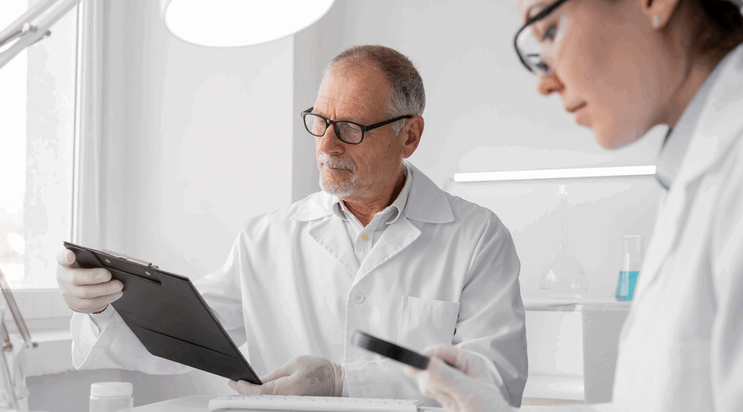 Two lab workers doing a laboratory audit