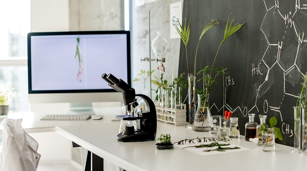 microscope in laboratory with image on computer monitor