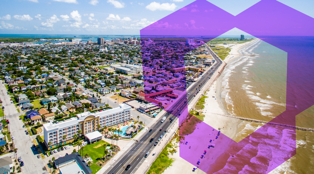 Flying over Galveston Texas Sea Wall and Beach