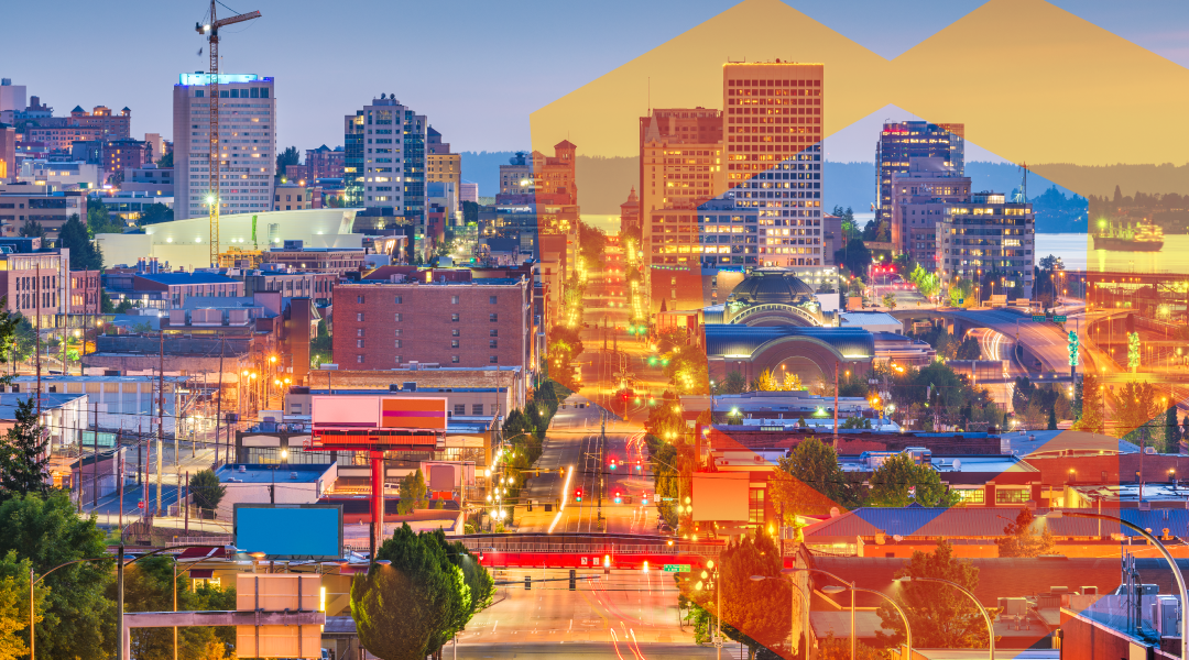 Tacoma, Washington, USA cityscape over Pacific Ave at twilight.