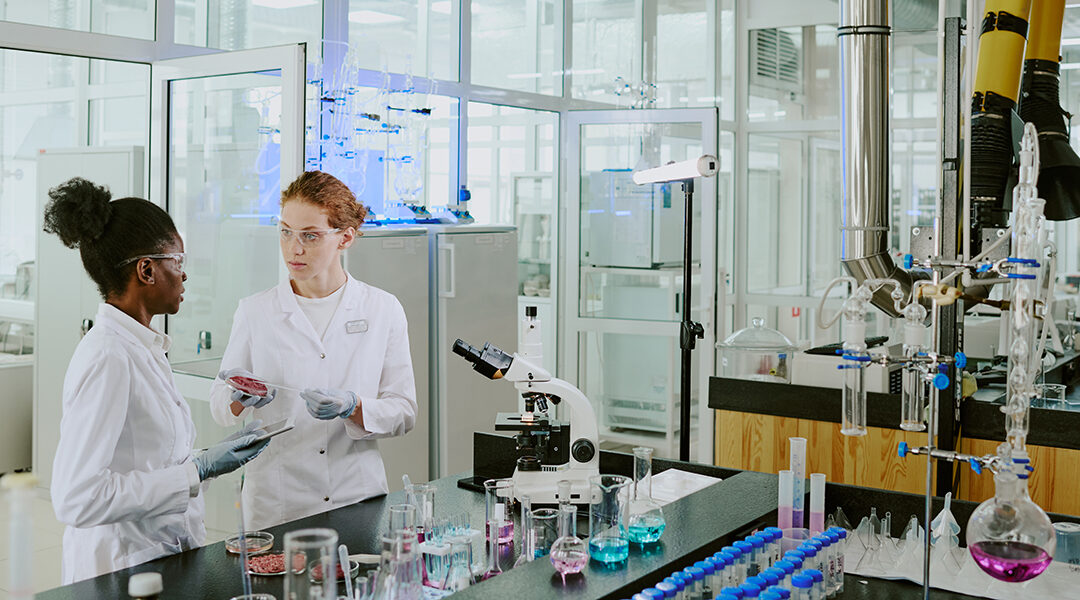 two female scientists discussing results in modern laboratory