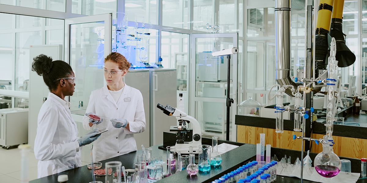 two female scientists discussing results in modern laboratory