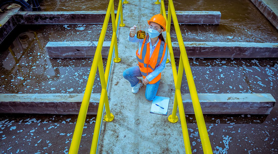 Construction worker in orange safety vest and hard hat kneels on a walkway beside a murky water tank, holding a sample container.